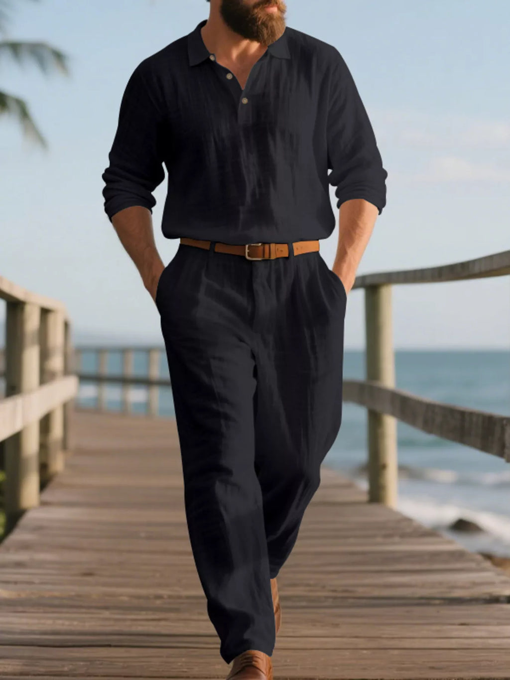 Plus size men's long sleeve top and pants set by Shopimist, comfortable and stylish full-length loungewear in lightweight fabric.