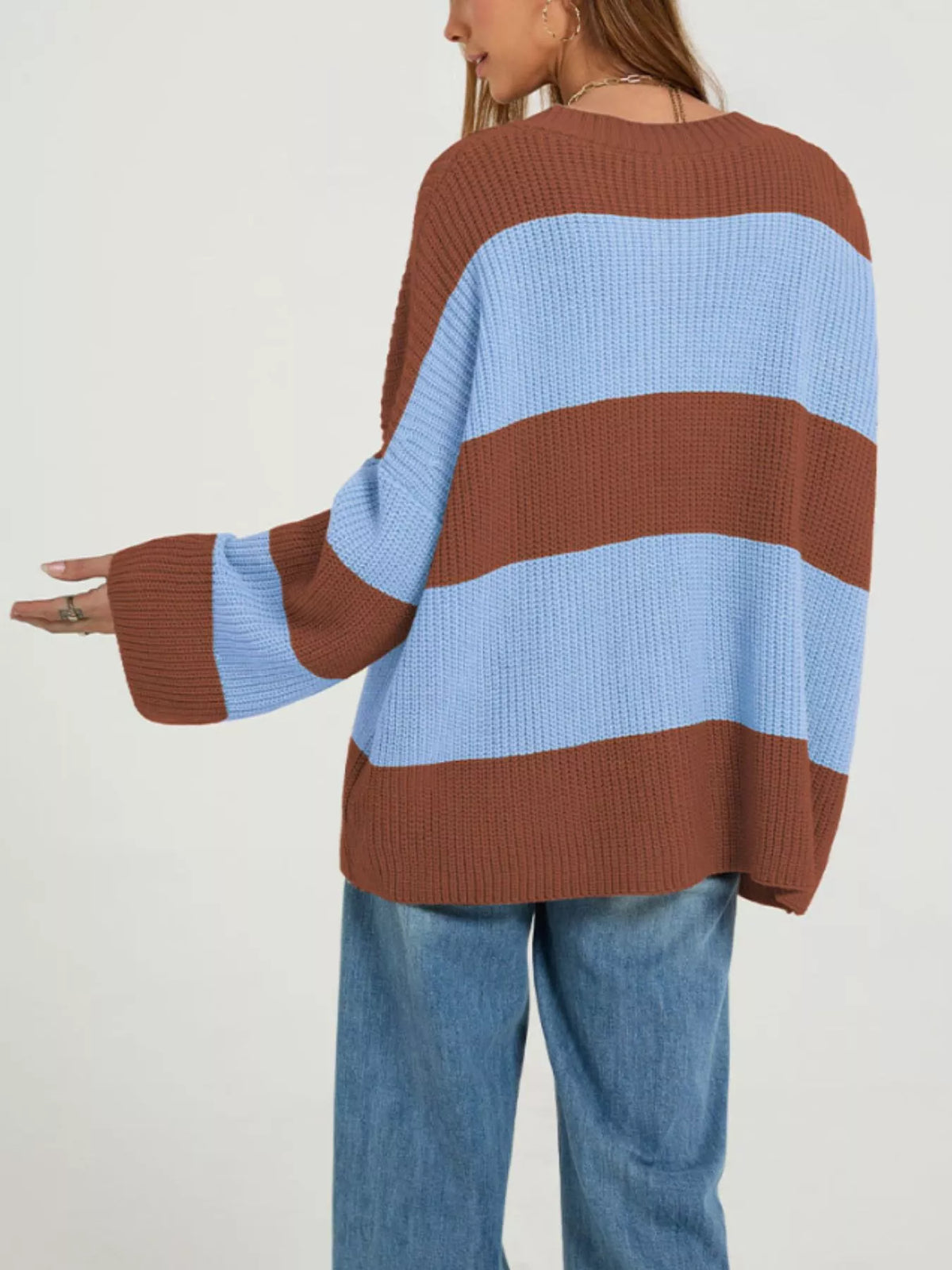 Color block striped button-up cardigan by Trendsi, featuring vibrant color blocking and classic button details.