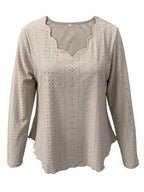 Elegant women's eyelet long sleeve blouse by Plush Fashion Hub featuring stretchy fabric and versatile office-ready style.