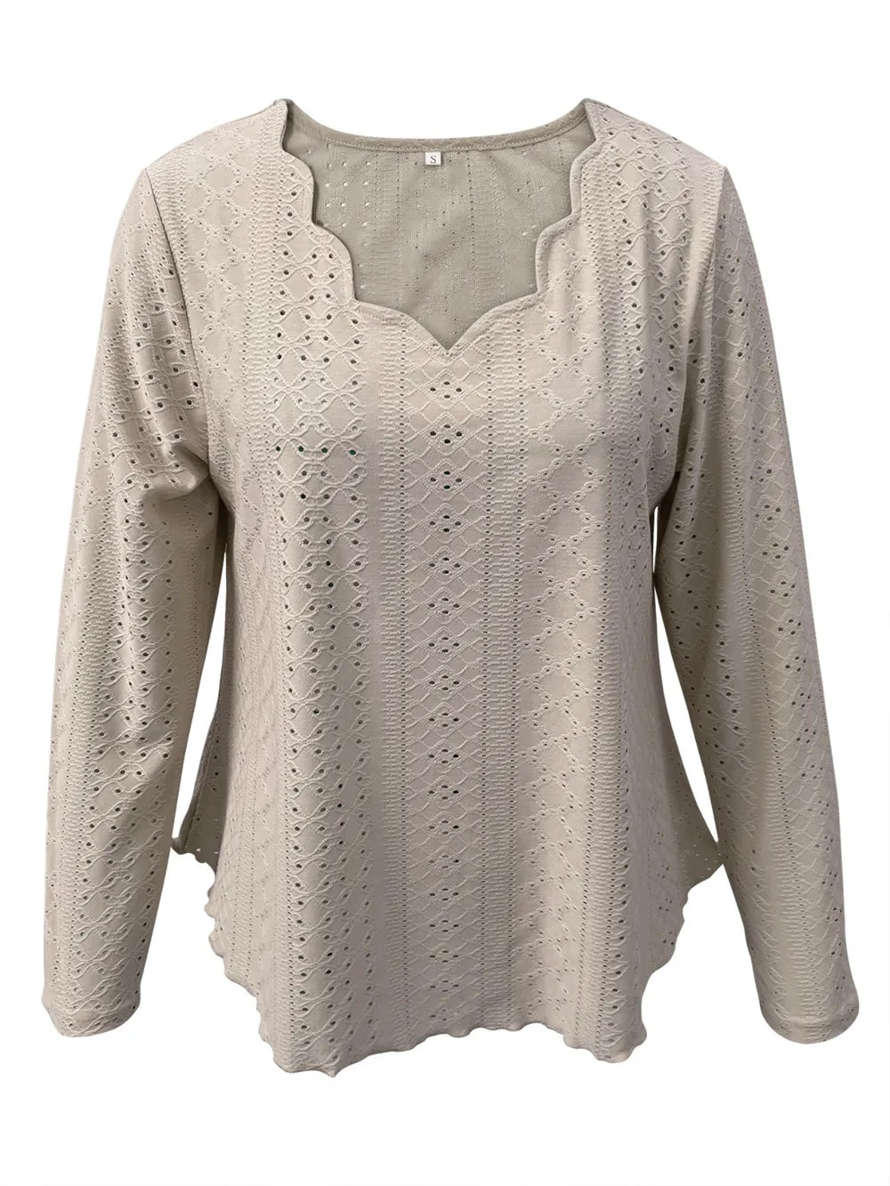 Elegant women's eyelet long sleeve blouse by Plush Fashion Hub featuring stretchy fabric and versatile office-ready style.