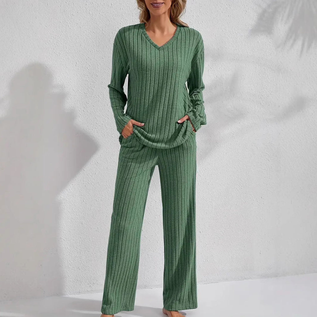 Women’s ribbed long sleeve top and pants loungewear set by FitiqueFit, casualwear with a comfortable, fitted design in neutral tones.