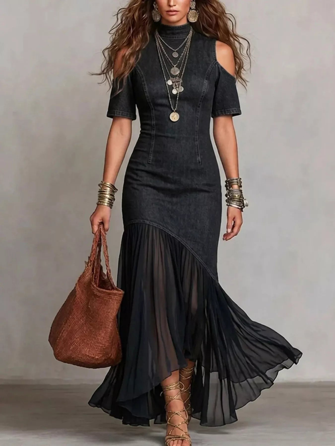 Plush Fashion Hub mock neck cold shoulder maxi dress with ruffle hem, elegant and flowing women's dress in soft fabric.