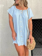 Plus size off-shoulder denim dress with button-down front and frayed hem, stylish Trendsi full size casual dress.