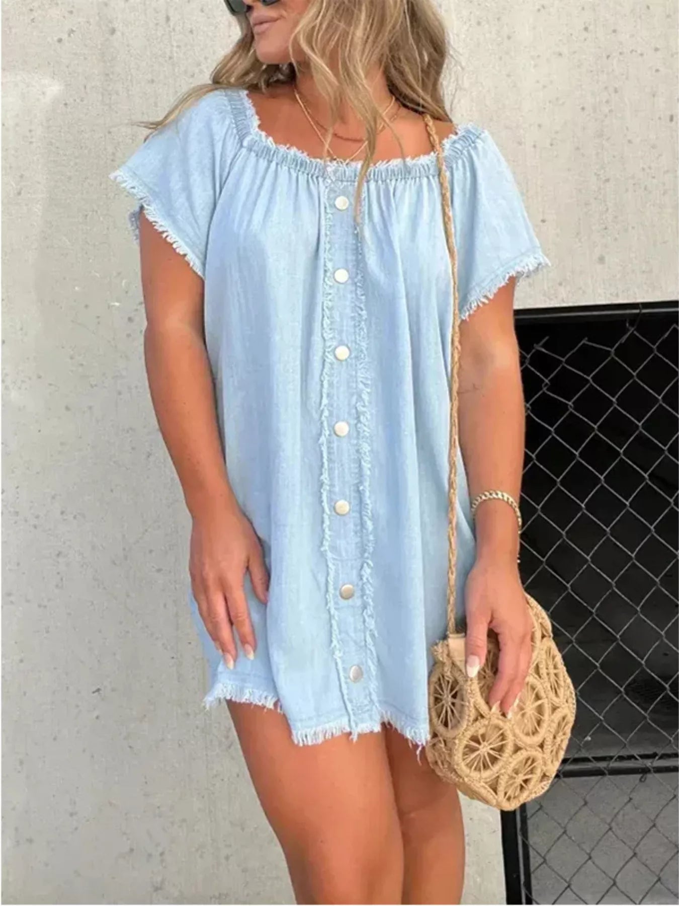 Plus size off-shoulder denim dress with button-down front and frayed hem, stylish Trendsi full size casual dress.