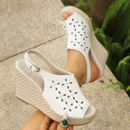 Shopimist peep toe wedge sandals with a stylish design, featuring a comfortable platform and chunky heel for casual or dressy wear.