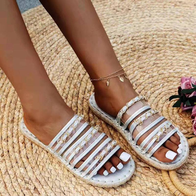 Large size women's straw sandals with hemp rope soles, rhinestone accents, and thick bottoms from Plush Fashion Hub.