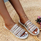 Large size women's straw sandals with hemp rope soles, rhinestone accents, and thick bottoms from Plush Fashion Hub.
