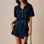 Women's loose denim shirt-dress and pants two-piece set by FitiqueFit, featuring cotton fabric and casual, relaxed fit.