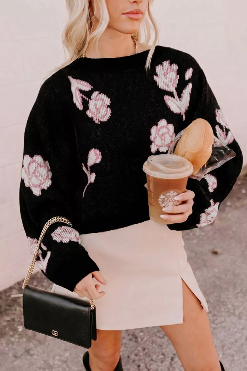 Floral pattern puff sleeve dropped shoulder pullover sweater in soft fabric, featuring a relaxed fit and trendy design.