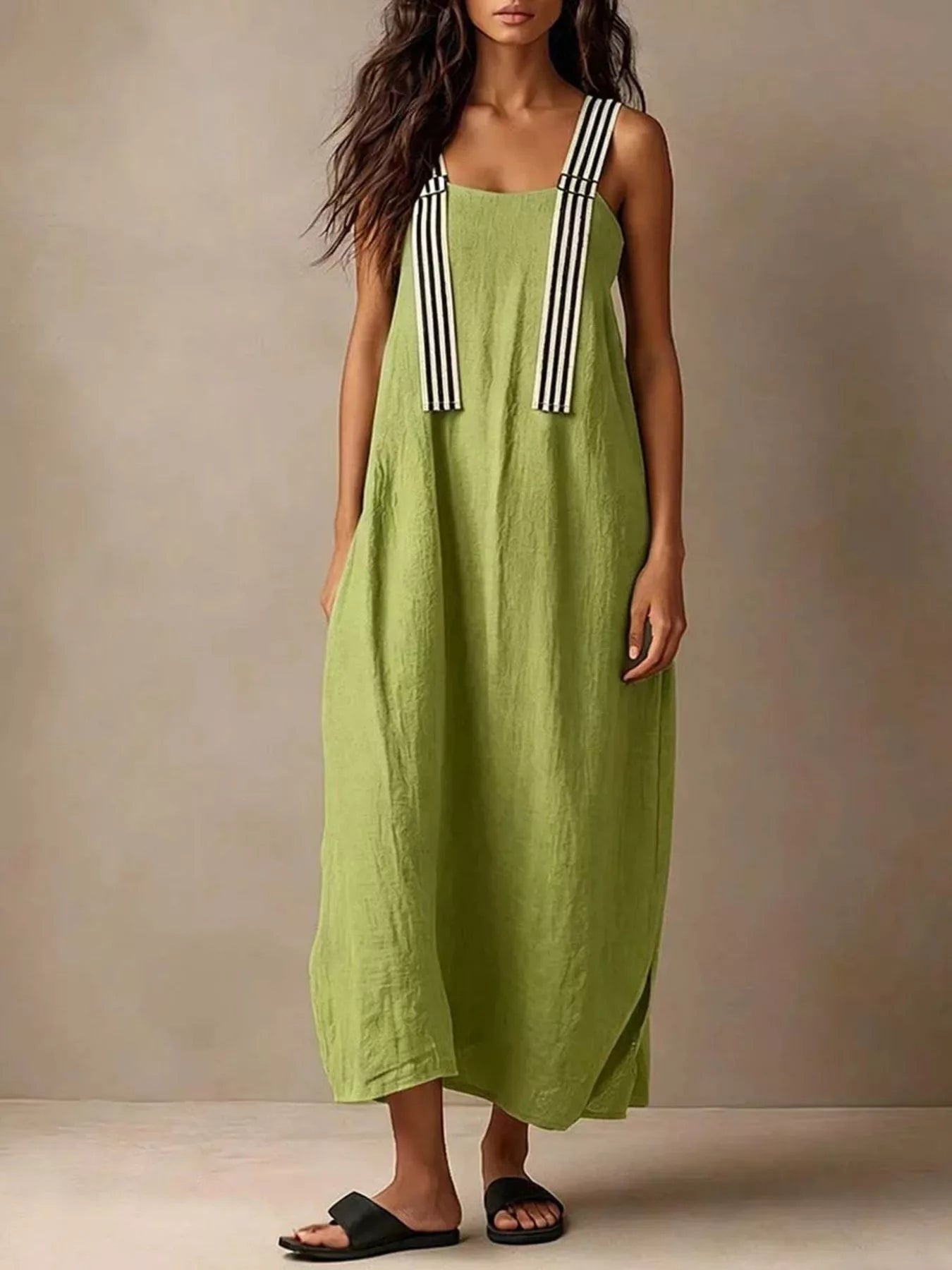 Striped straps midi dress by Shopimist featuring vertical black and white stripes and a fitted waist.