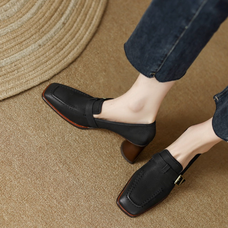 Women's retro British style chunky heel leather shoes with round toe, perfect for commuting, by Plush Fashion Hub.