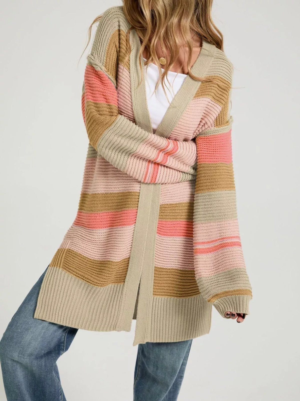 Color block striped open front cardigan from Trendsi, featuring bold color blocking and a relaxed fit for casual wear.