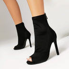Women's black peep toe stiletto boots with fishmouth design from Plush Fashion Hub, showcasing high heels and stylish footwear details.