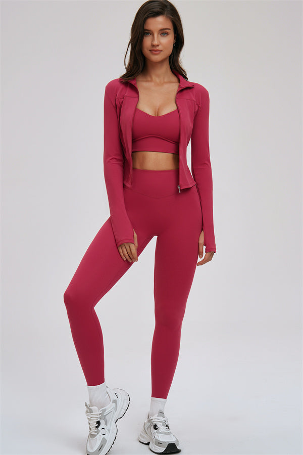 Fitglutes Activewear 3-piece set including a zip jacket, cross-back sports bra, and matching leggings for workout and gym training.