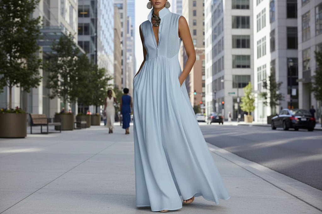 Women's French-style high-waist midi dress with ribbon tie, casualwear by FitiqueFit, featuring a flowing silhouette and elegant design.
