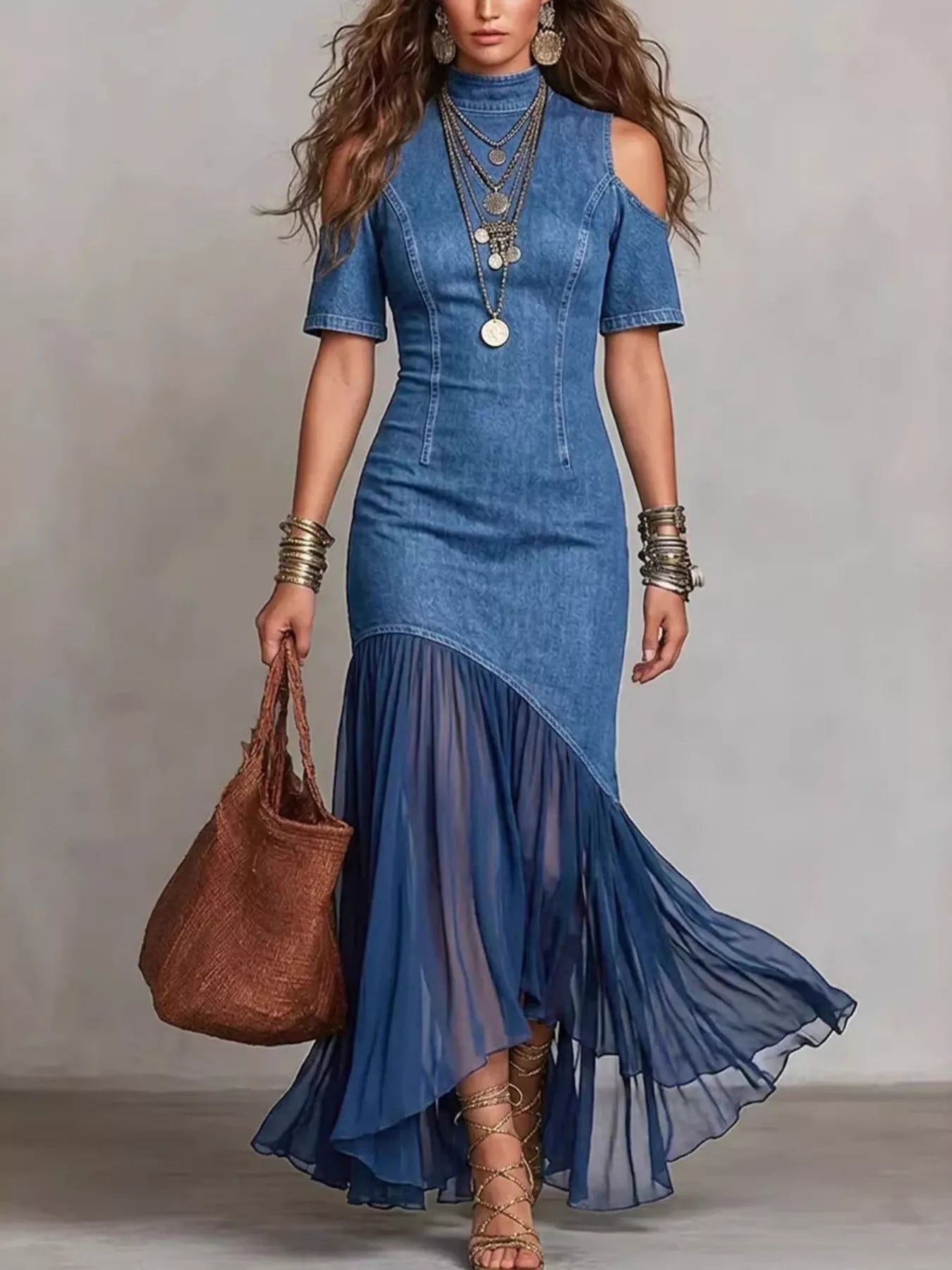 Shopimist mock neck cold shoulder maxi dress with ruffle hem, featuring a stylish and elegant design perfect for summer occasions.
