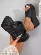 Women's open toe platform wedge sandals by Trendsi featuring faux leather straps and comfortable high heel design.