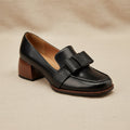 Women's cowhide square toe chunky heel pumps with floral detail, stylish commuter footwear by Plush Fashion Hub.