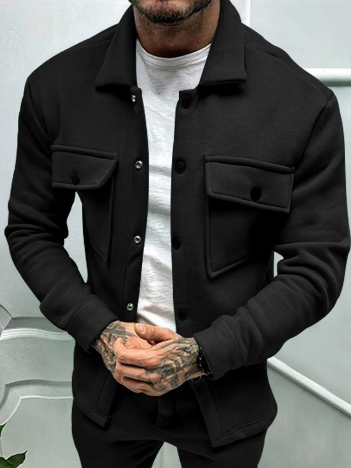 Men's plus size full-length button-up long sleeve jacket by Shopimist, shown in dark fabric with front buttons and collar detail.