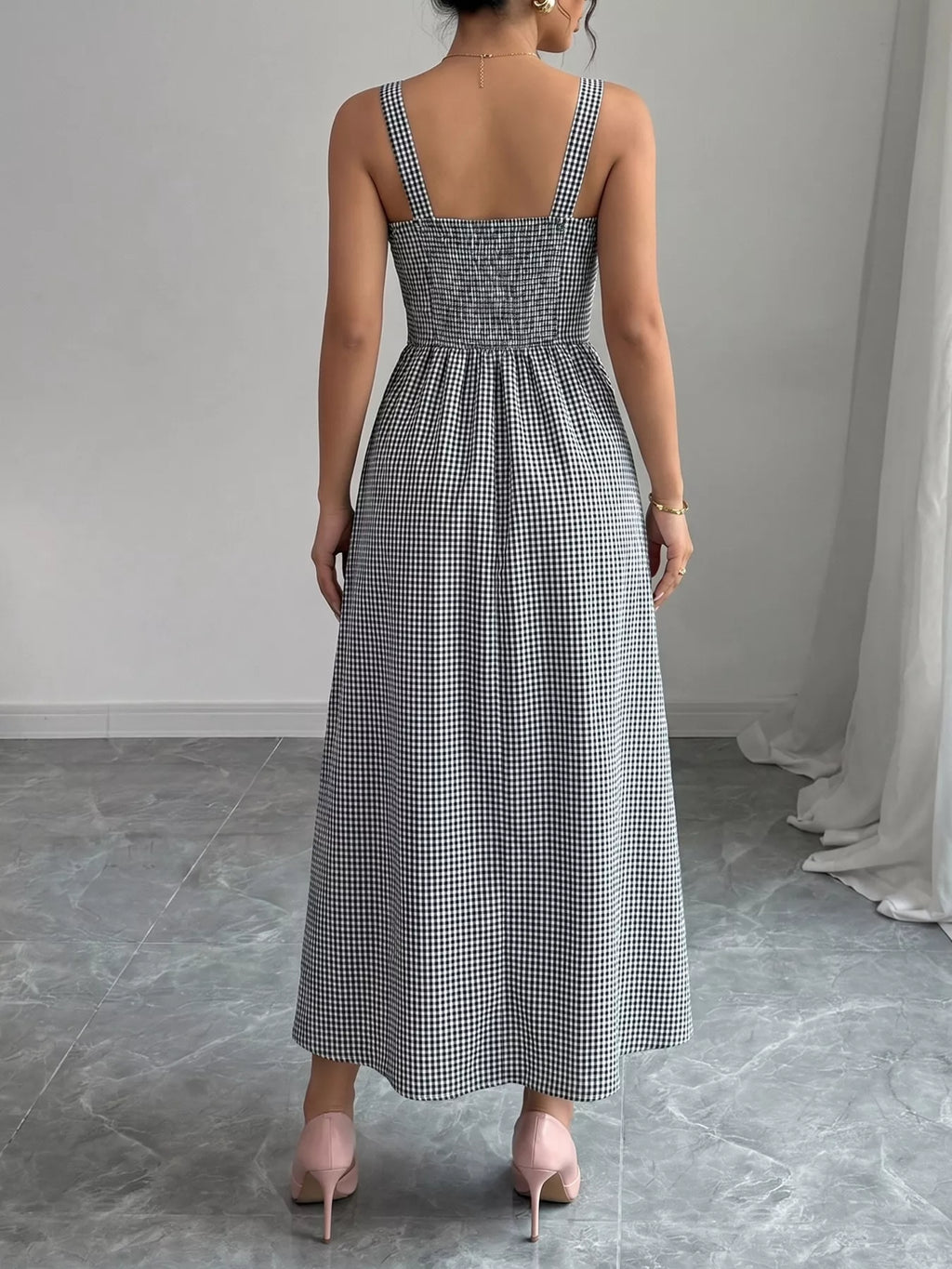 Square neck gingham midi dress by Shopimist featuring a fitted bodice and flowing skirt, perfect for casual or semi-formal occasions.