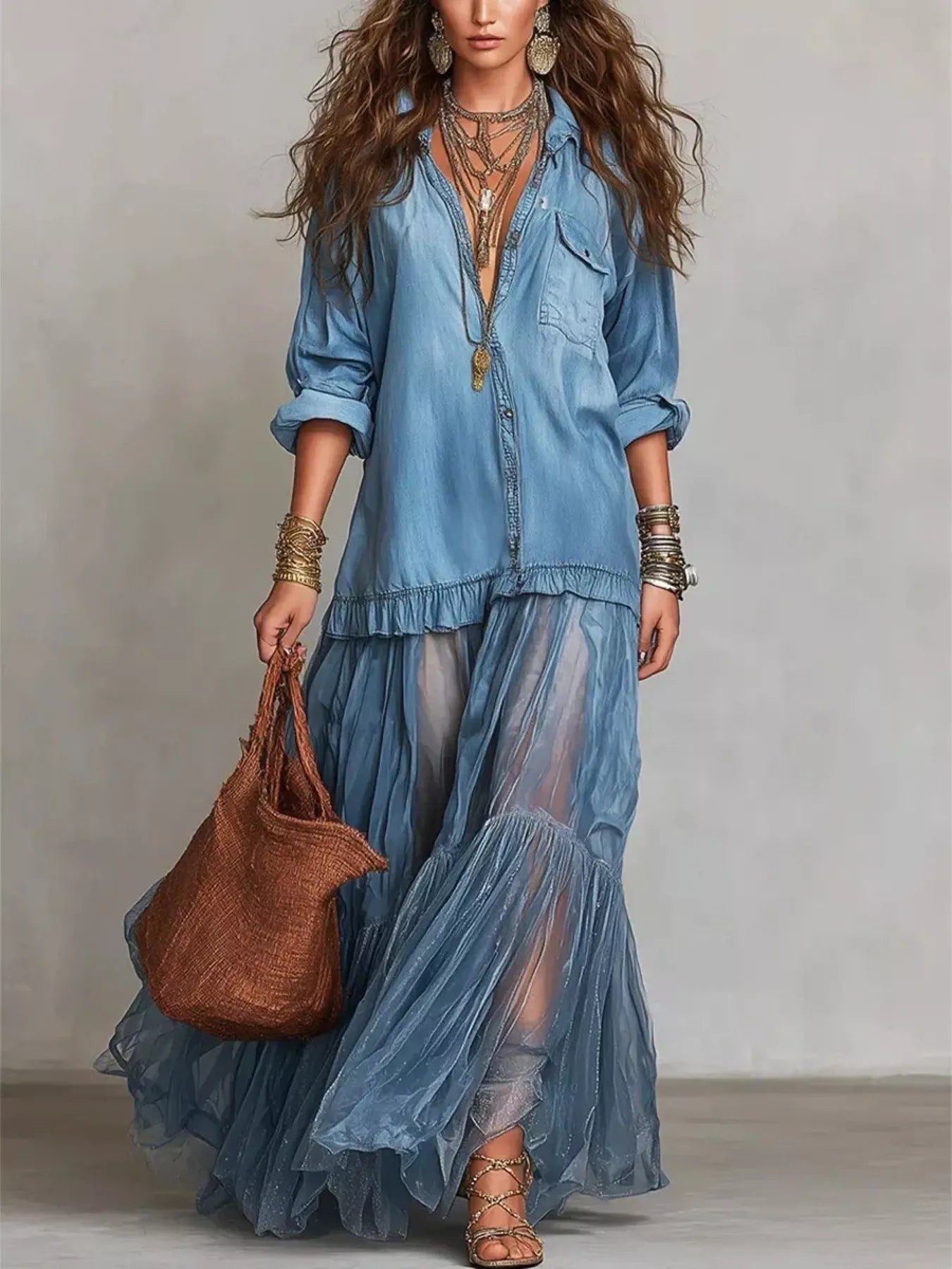 Long sleeve sheer ruffle maxi dress from Plush Fashion Hub featuring flowing fabric and elegant ruffle details.