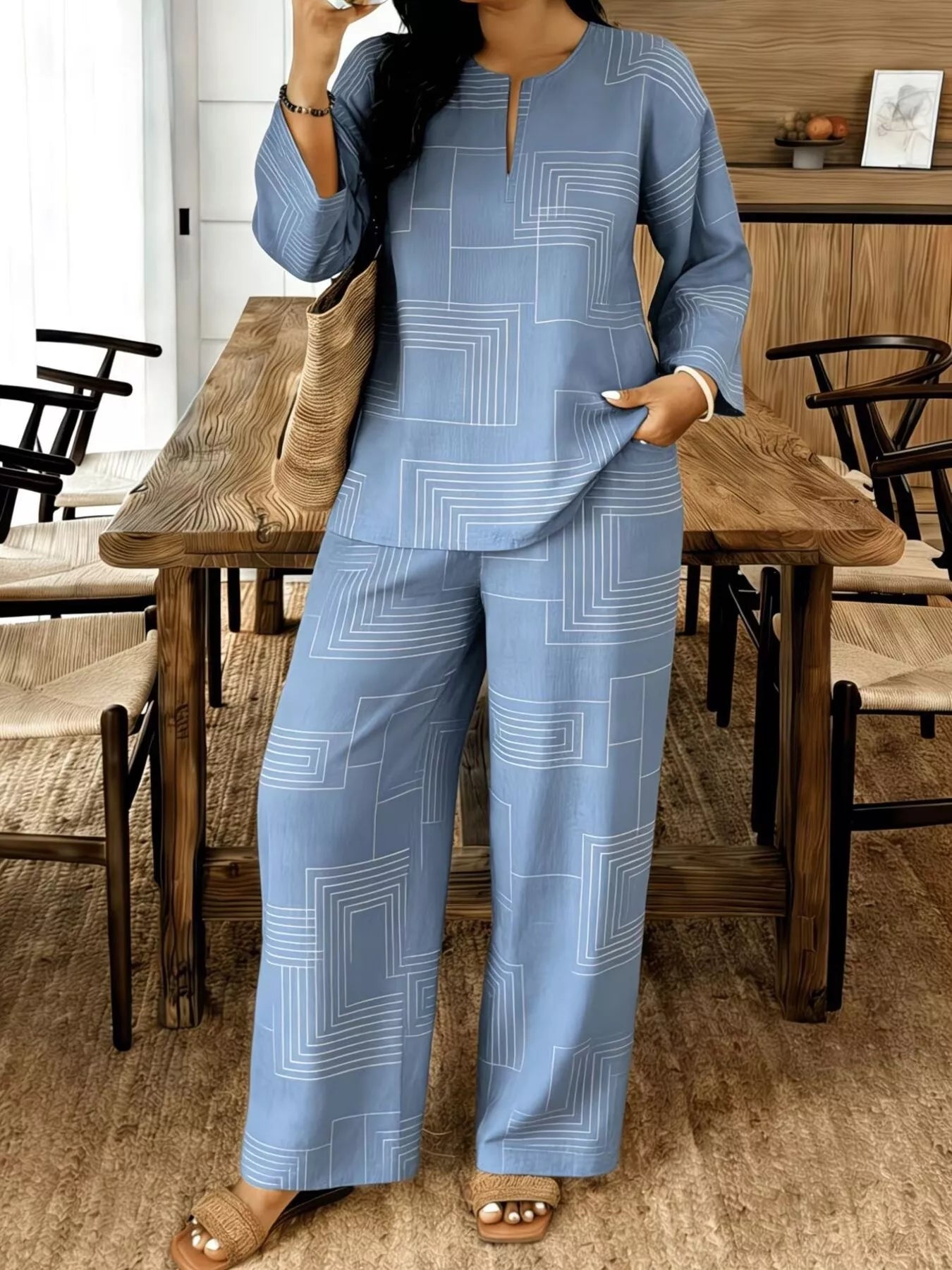 Plush Fashion Hub geometric print relaxed fit top and pants set featuring a modern pattern and comfortable fabric.