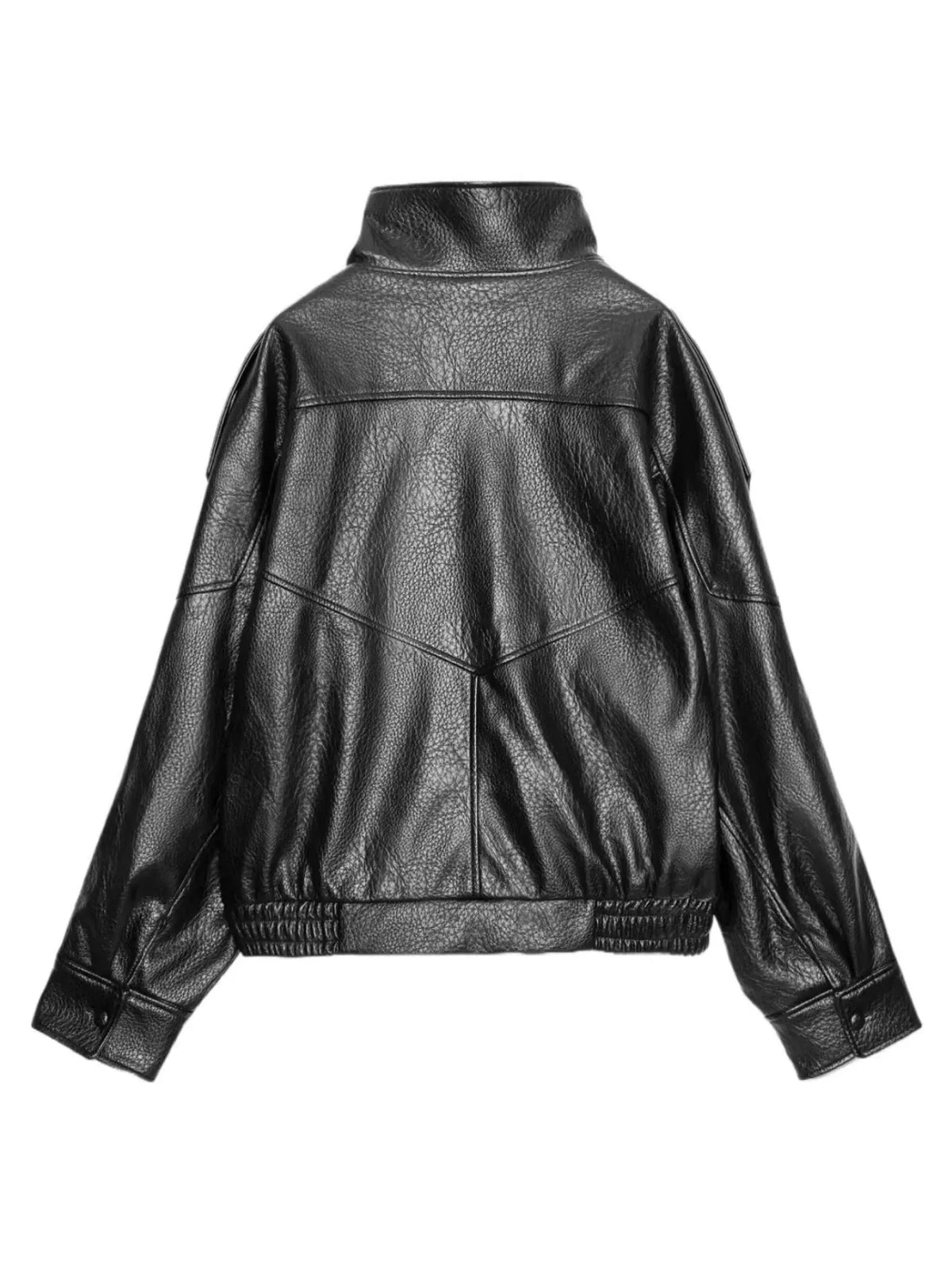 Trendsi women's asymmetrical faux leather moto jacket with sleek design and modern style, featuring a high collar and zipper details.