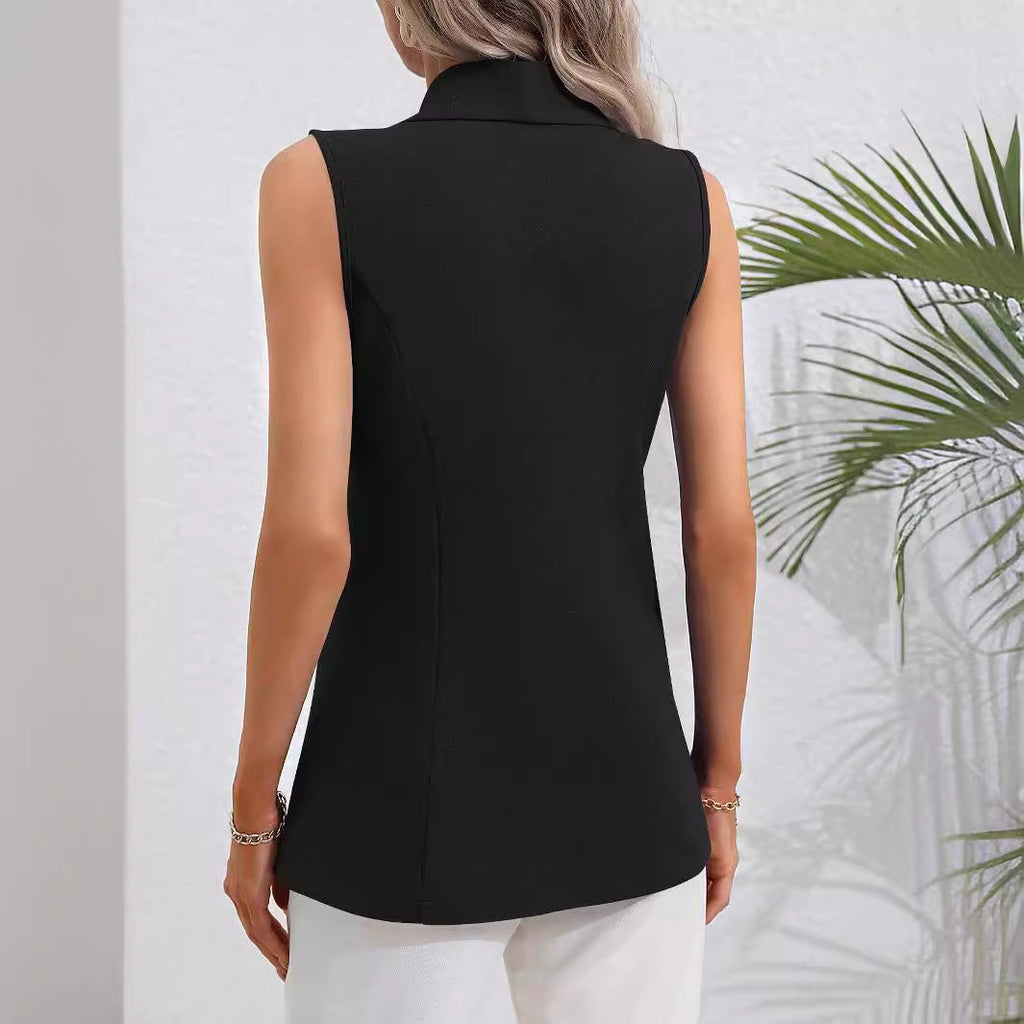 Women's sleeveless single-button cardigan jacket by FitiqueFit, featuring a round neck and blazer-style design.