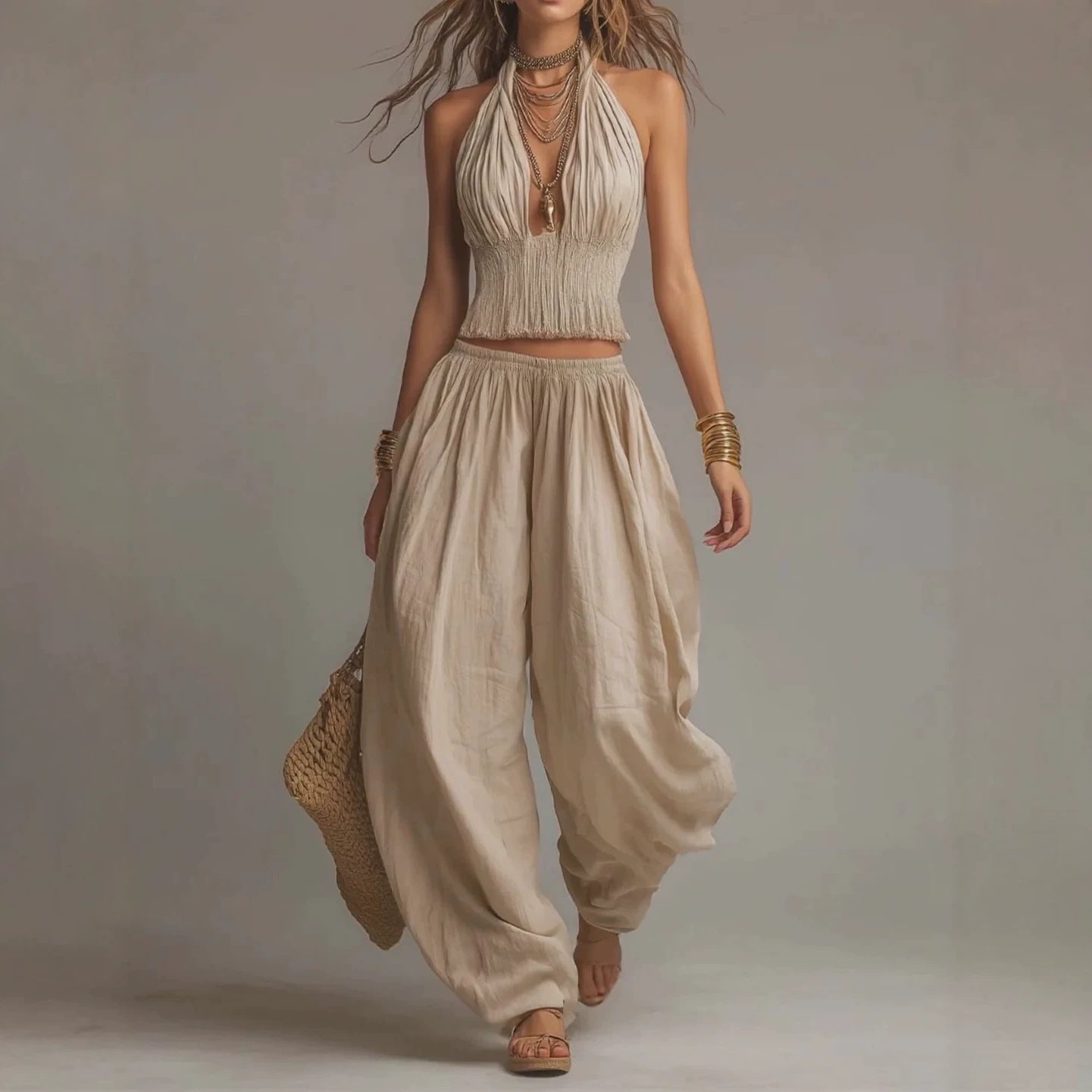 Women's sleeveless backless halter top and wide-leg pants set by FitiqueFit, featuring a stylish halter neckline and flowing pant legs.