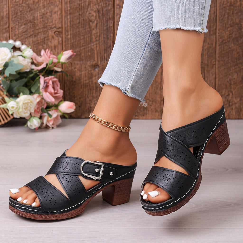 Women's open toe mid block heel sandals by Trendsi, showcasing a comfortable dressy casual shoe with stylish straps and a chunky heel.