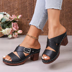 Women's open toe mid block heel sandals by Trendsi, showcasing a comfortable dressy casual shoe with stylish straps and a chunky heel.
