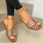Women's open toe striped flat sandals by Plush Fashion Hub, featuring comfortable PU leather straps and summer-ready design.