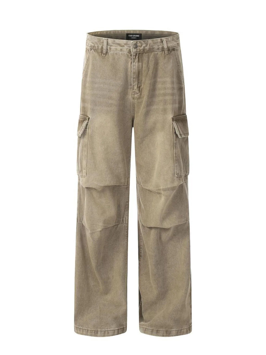 Men's vintage washed cargo jeans by Trendsi, showing relaxed fit with multiple cargo pockets and faded denim finish.