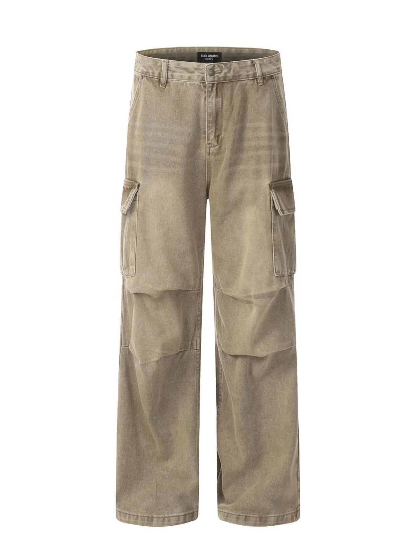 Men's vintage washed cargo jeans by Trendsi, showing relaxed fit with multiple cargo pockets and faded denim finish.