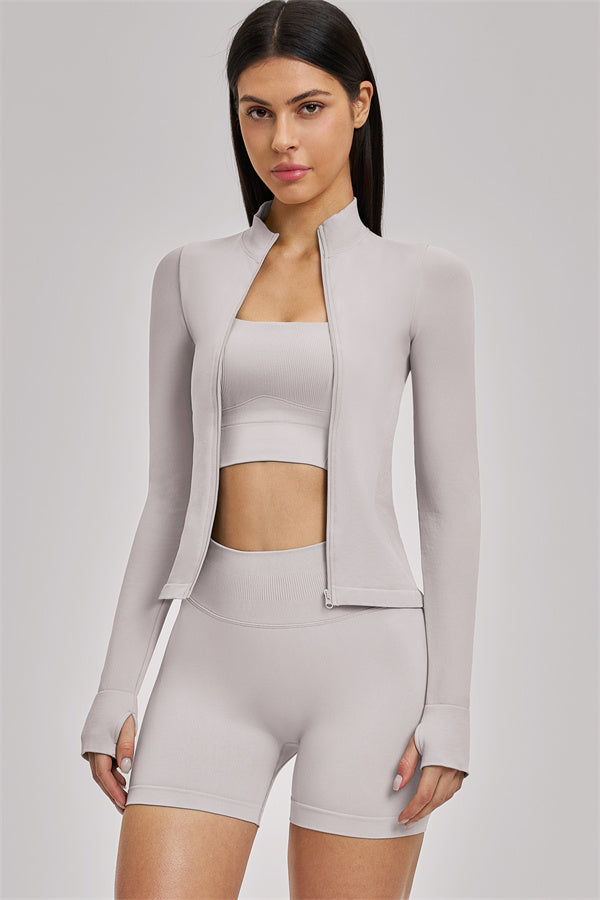 Fitglutes Activewear sports bra, shorts, and jacket set, designed for workout and gym activities, featuring breathable athletic fabric.