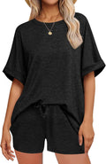 Plush Fashion Hub oversized casual T-shirt and drawstring shorts set, comfortable loungewear in soft fabric.