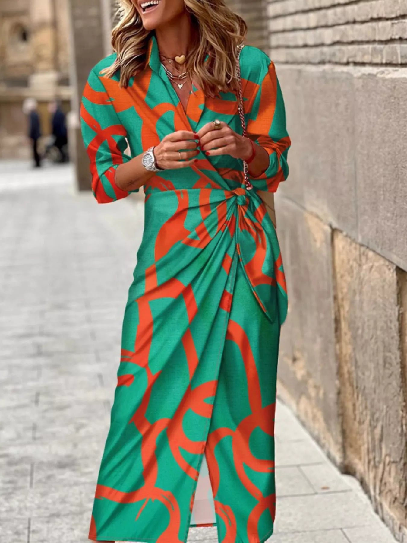 Printed collared neck shirt dress by Plush Fashion Hub, showing a stylish button-up dress with a classic collar and printed fabric design.