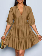 Notched half sleeve tiered dress by Shopimist featuring a flowy, layered design perfect for casual or summer wear.