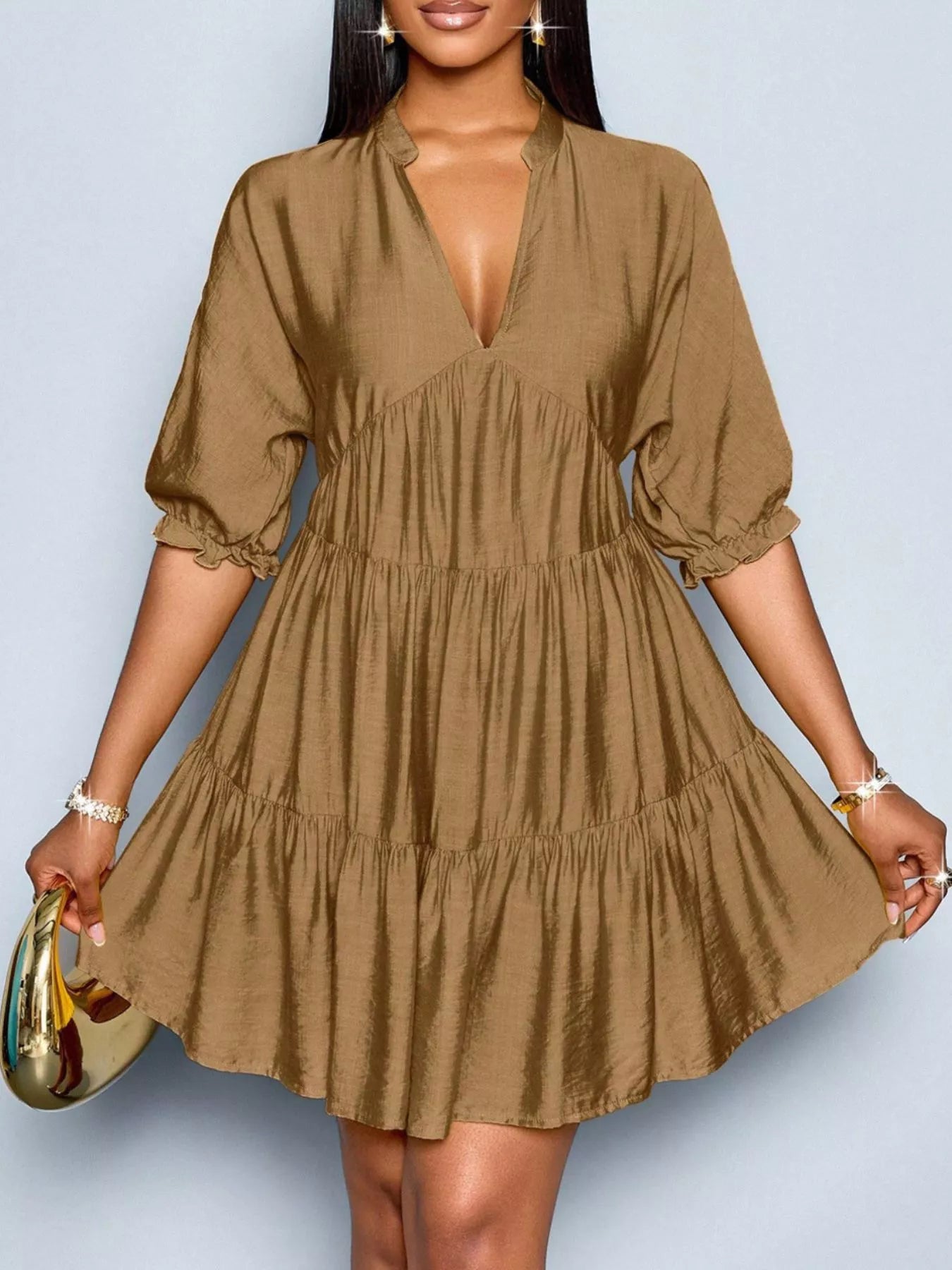 Notched half sleeve tiered dress by Shopimist featuring a flowy, layered design perfect for casual or summer wear.