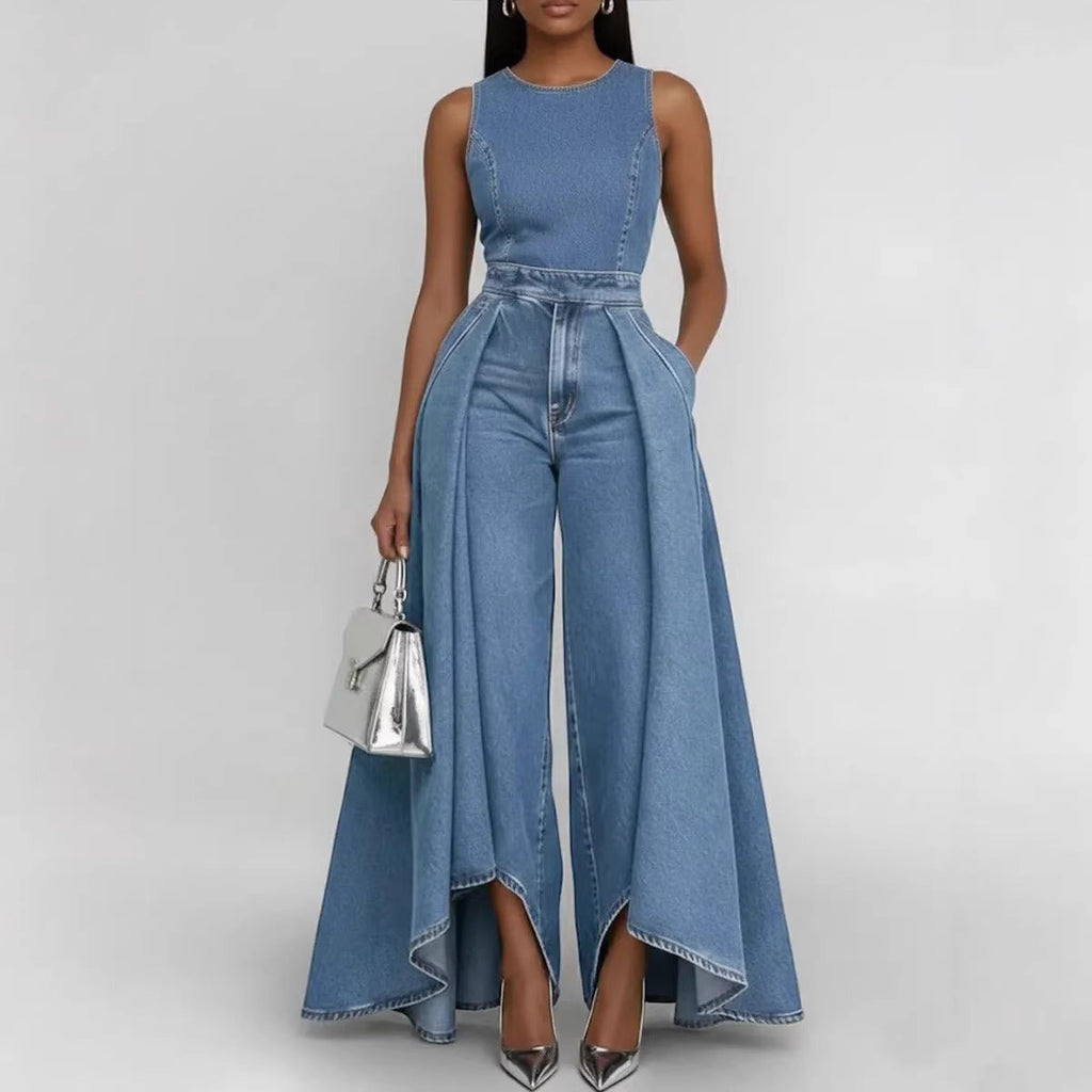 Women’s sleeveless wide-leg denim jumpsuit by Plush Fashion Hub, featuring a crew neck and casual style, shown on a model.