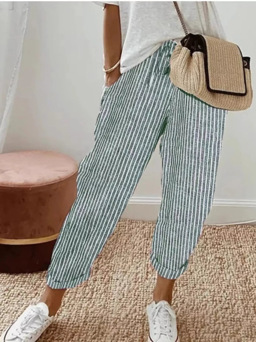Striped cropped pants by Shopimist featuring a stylish pattern, high-waisted fit, and casual design, shown on a model.