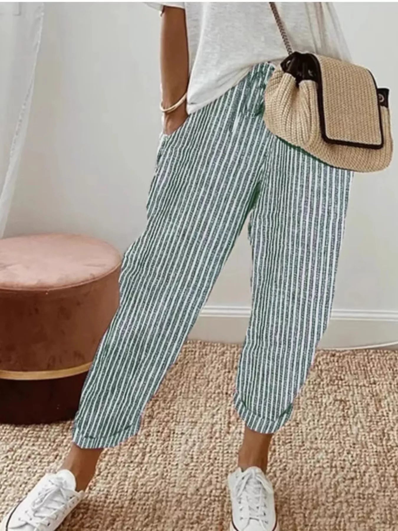 Striped cropped pants by Shopimist featuring a stylish pattern, high-waisted fit, and casual design, shown on a model.
