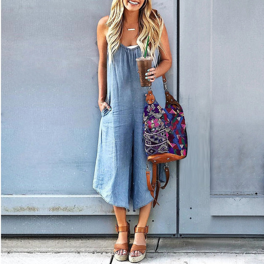 Women’s sleeveless wide-leg denim jumpsuit by Plush Fashion Hub, featuring a casual crew neck and relaxed fit.
