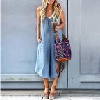 Women’s sleeveless wide-leg denim jumpsuit by Plush Fashion Hub, featuring a casual crew neck and relaxed fit.