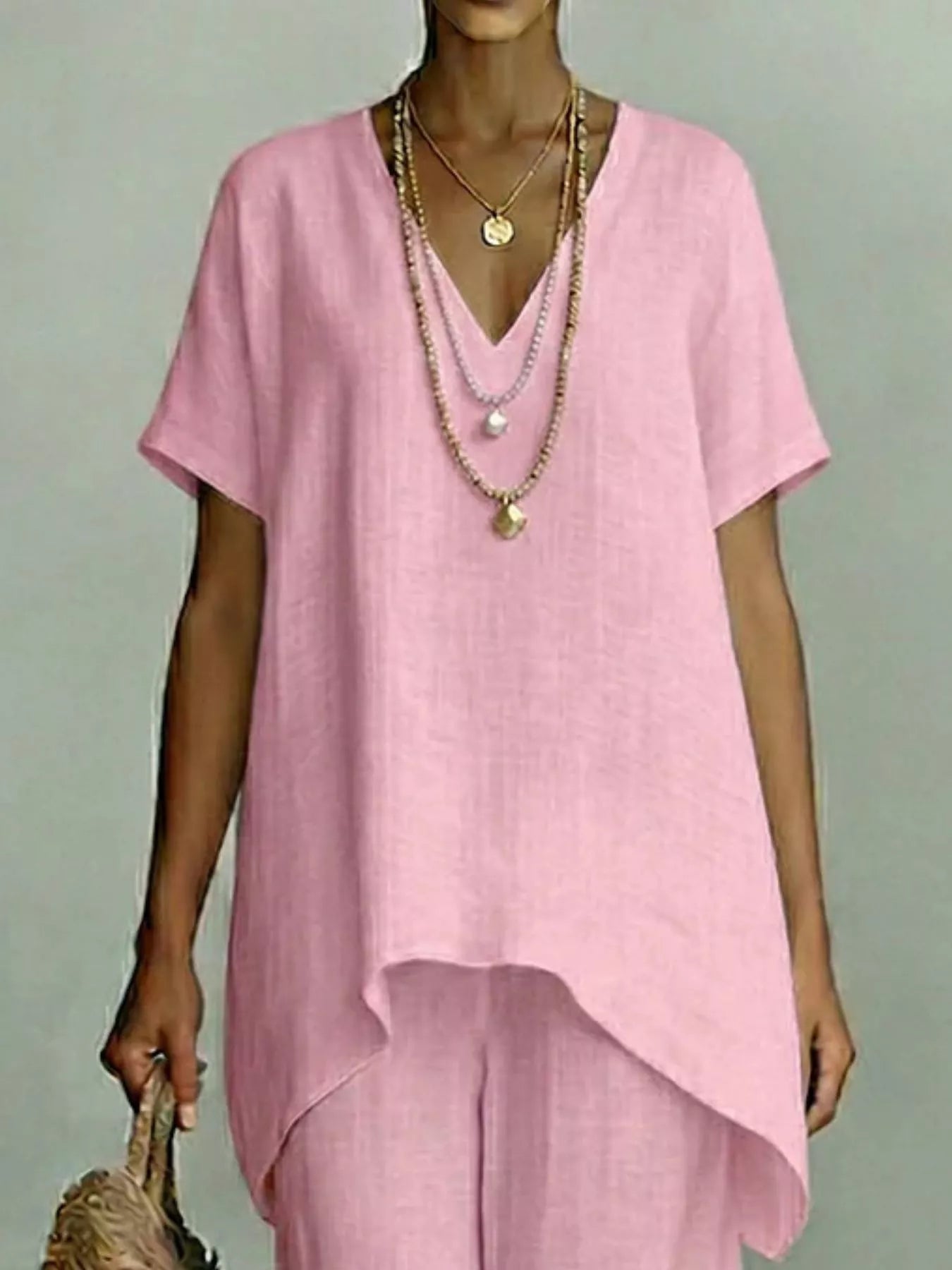 Plus size V-neck top and wide-leg pants set by Shopimist, soft fabric, casual fit, shown in a full-length front view.