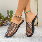 Women's woven net low heel sandals by Trendsi featuring comfortable PU leather straps and stylish dress shoe design.
