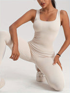 Women’s ribbed sleeveless jumpsuit from FitiqueFit activewear, featuring a fitted design and ribbed texture for comfortable movement.