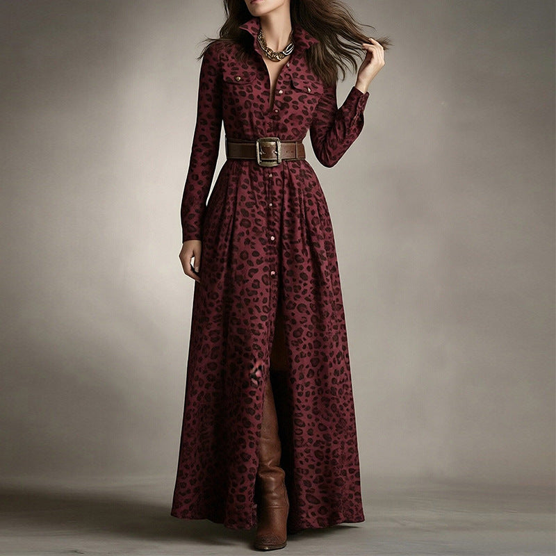 Women's printed lapel slim-fit dress from Plush Fashion Hub featuring a casual style with elegant patterns and a fitted silhouette.