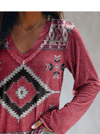 Plus size V-neck T-shirt with geometric print, long sleeves, and comfortable casual fit from Trendsi.