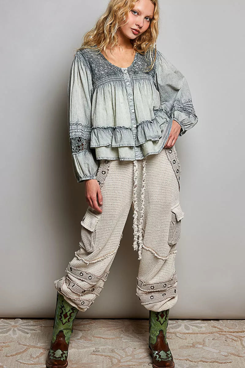 Polished white layered lace pintuck flared woven blouse by Shopimist featuring delicate lace details and a feminine silhouette.